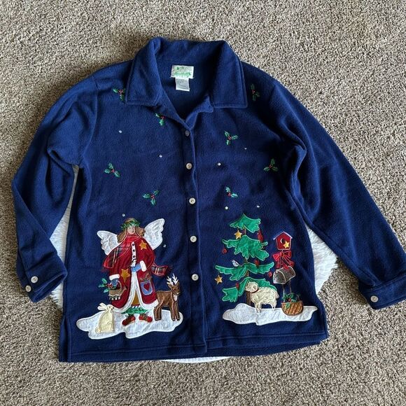 The Quacker Factory Fleece Jacket Christmas Winter Embroidered Button Down Large - Picture 1 of 7